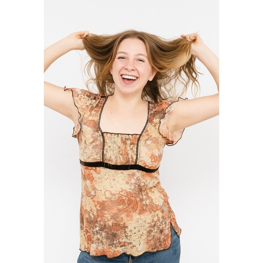 Vintage Y2K Womens Brown Floral Mesh Babydoll Top Sz L Velvet Trim Boho Festival